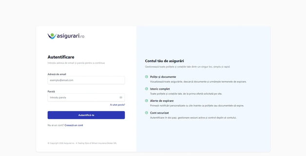 Pagina de autentificare — desktop