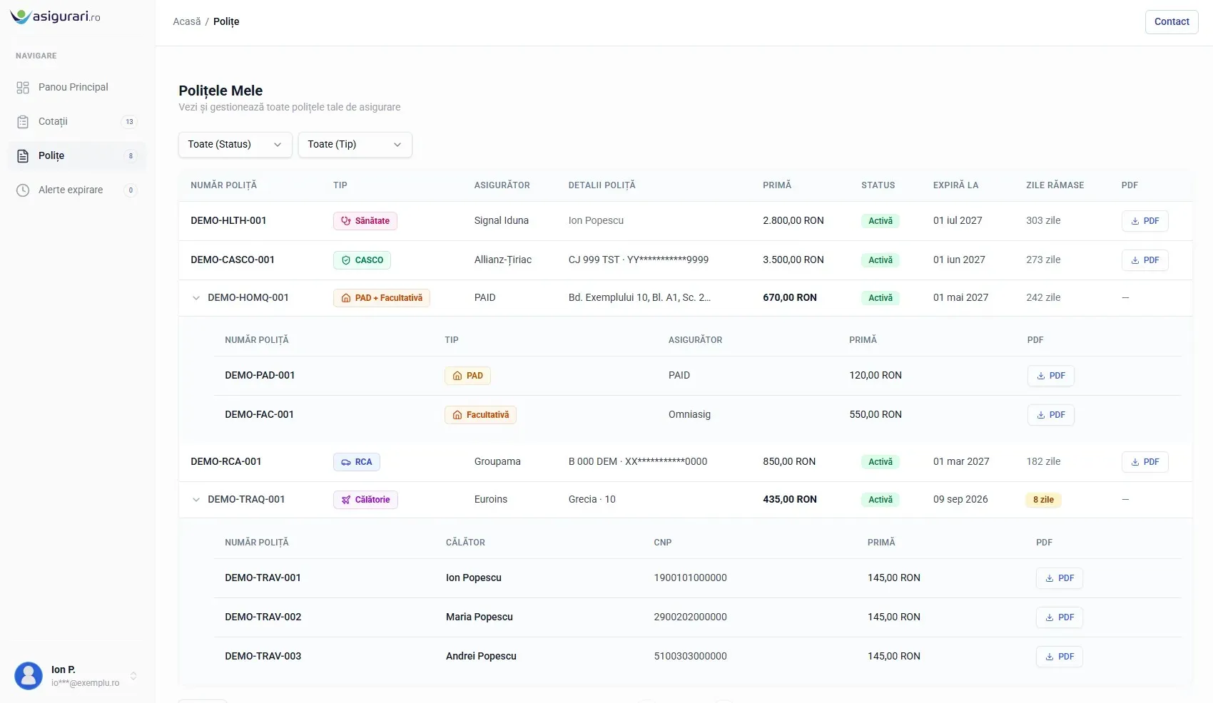 Lista polițelor de asigurare — desktop