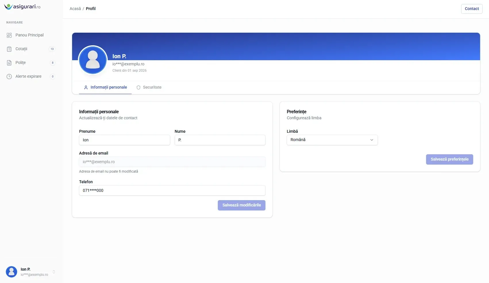 Date personale profil — desktop