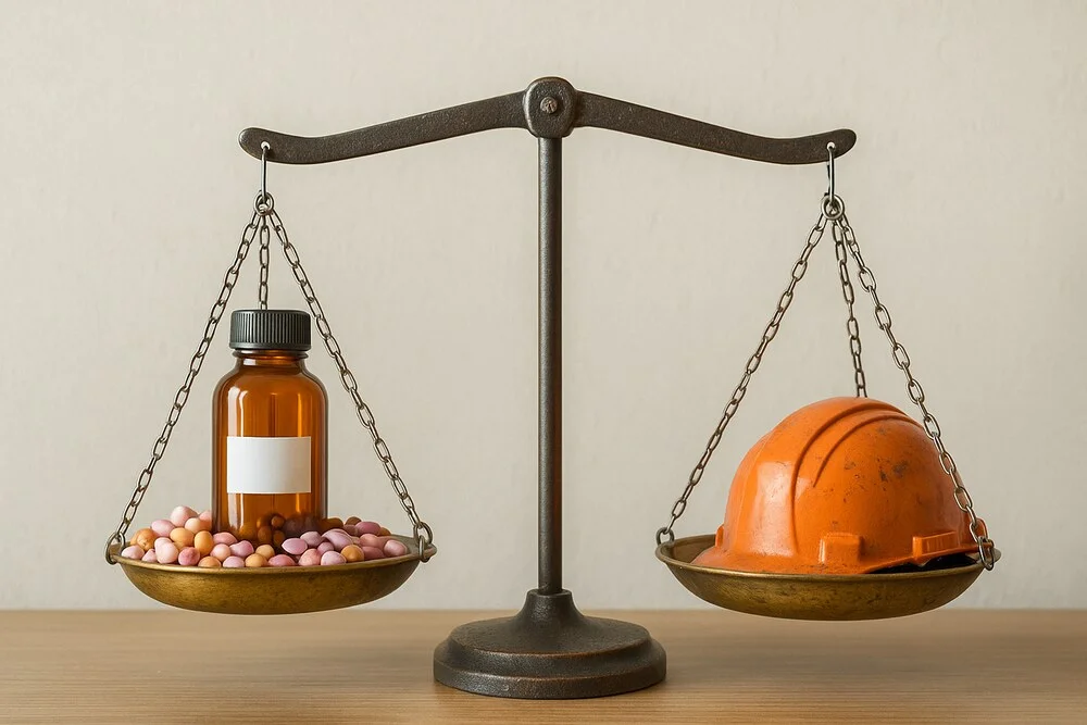 O balanta cu medicamente si casca de protectie