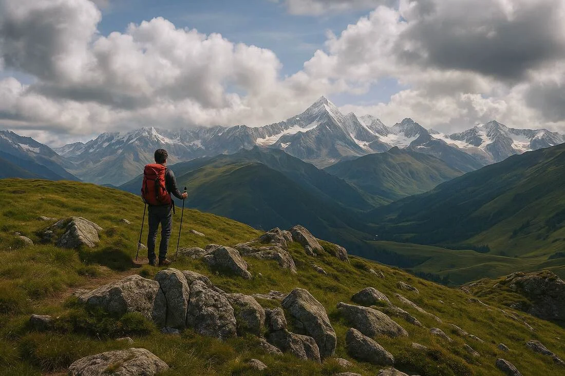 Barbat admirand peisajul de munte