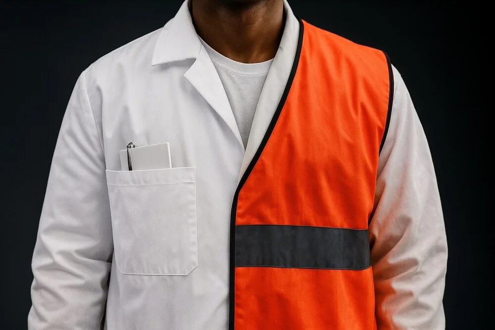 Un barbat in halat si vesta de protectie