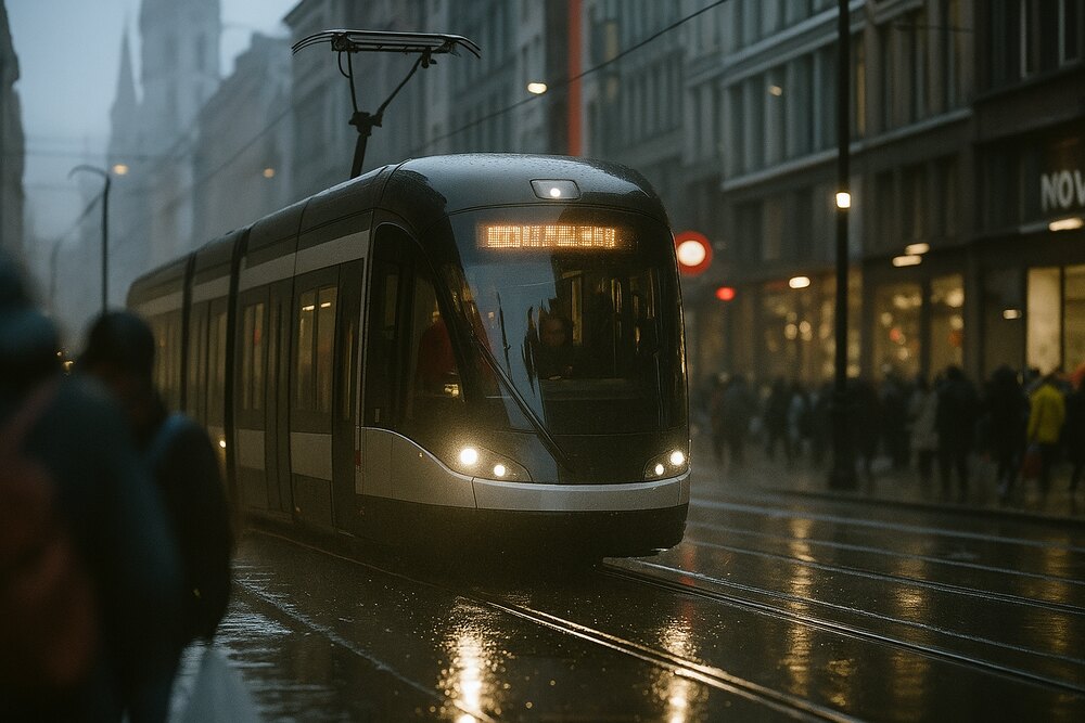 Un tramvai in statie