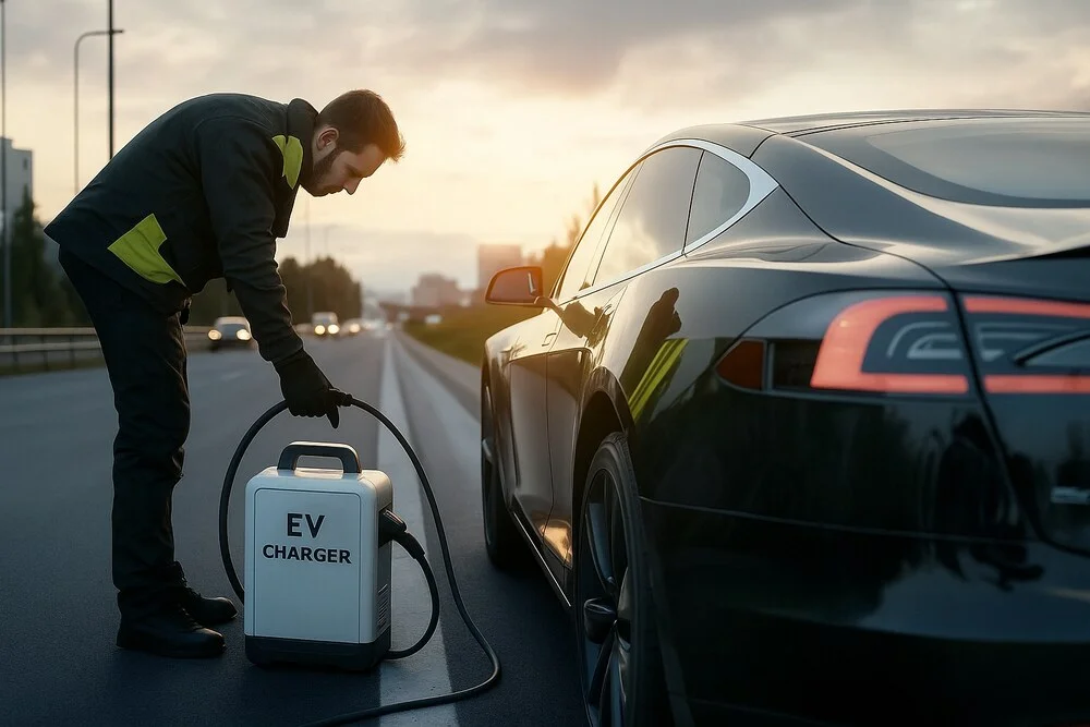 Un barbat care incarca masina pe drum