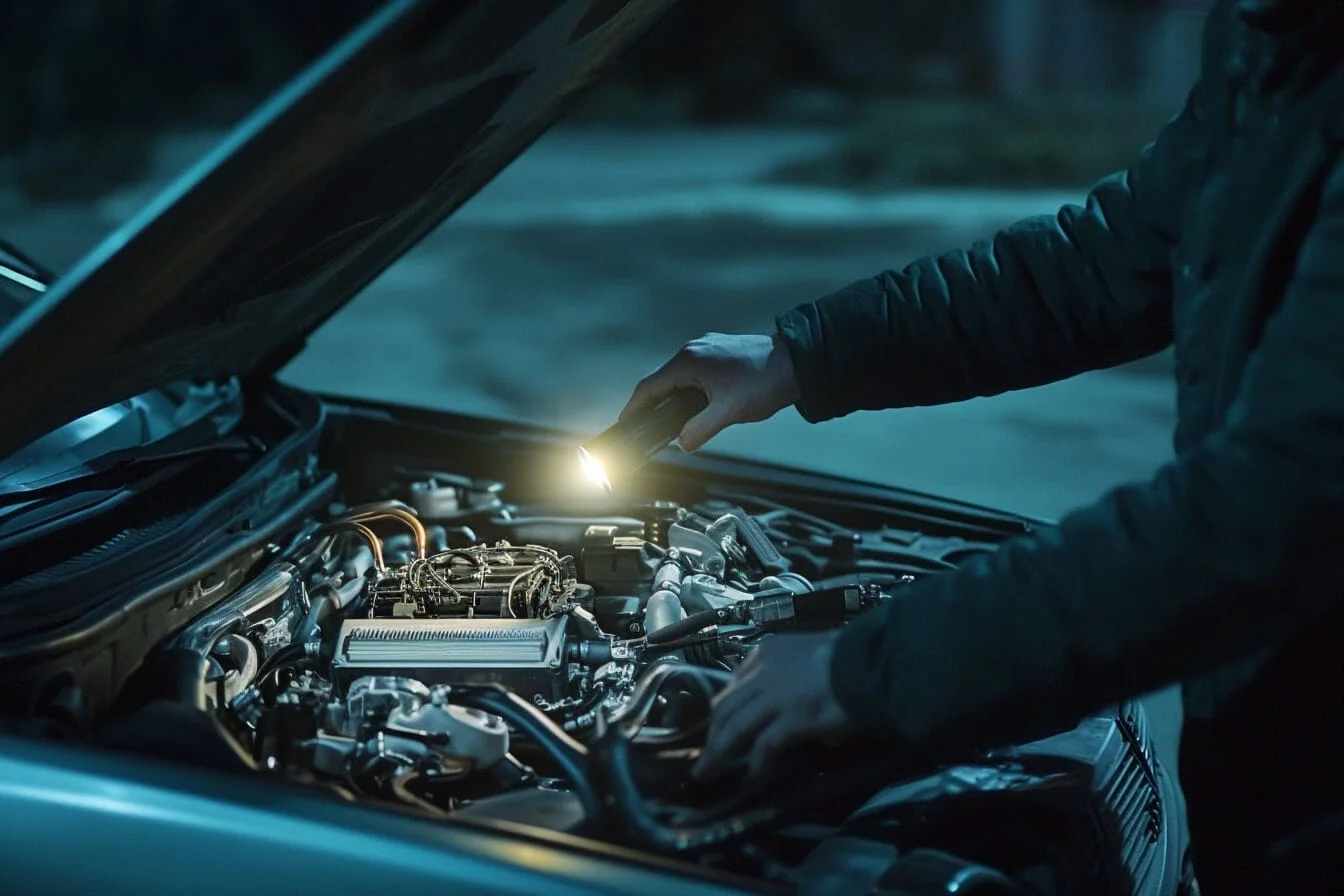 Bărbat inspectând motorul mașinii cu o lanternă pe marginea drumului