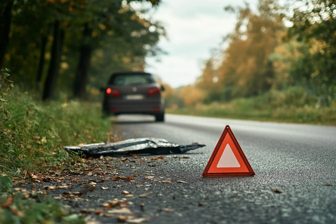 Triunghi reflectorizant așezat pe drum în fața unei mașini oprite