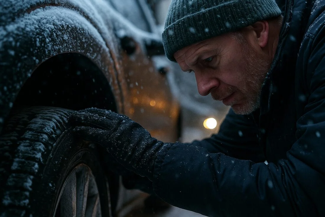 Un barbat inspectand rotile pe timp de iarna