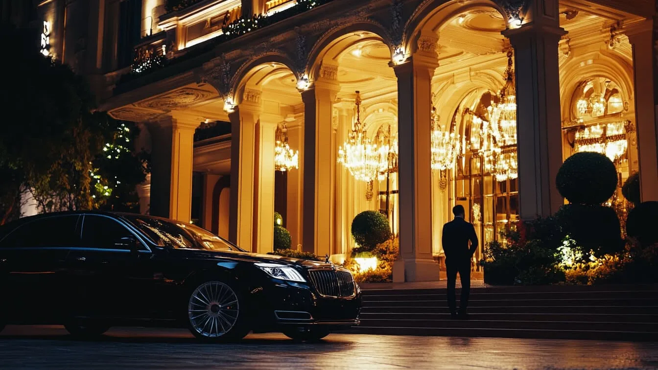 Mașină neagră de lux parcată în fața unui hotel elegant, noaptea, cu lumini calde la intrare