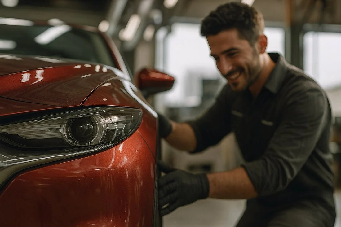 Un mecanic verificând mașina