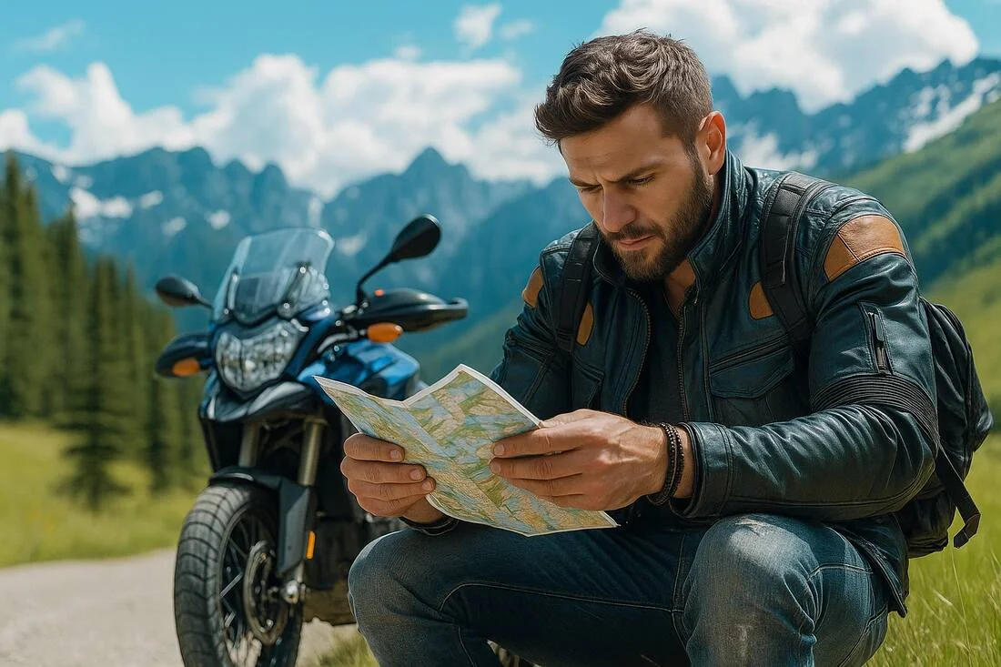 Un motociclist consultand harta