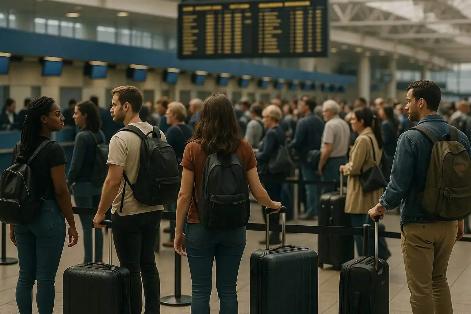 Patru tineri stau la coada in aeroport cu bagaje asteptand la check in
