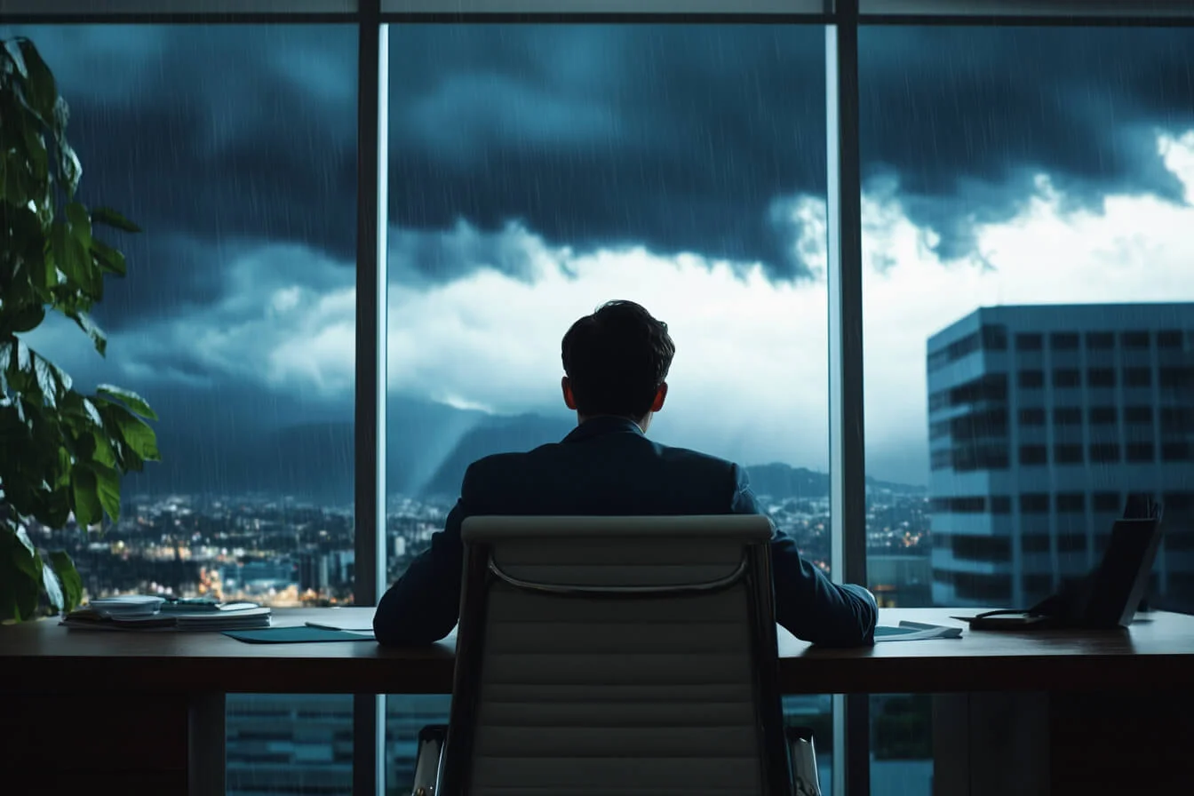 Antreprenor la birou privind o furtună