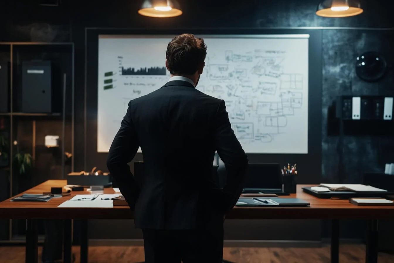 Antreprenor care planifică strategii de afaceri la o tablă