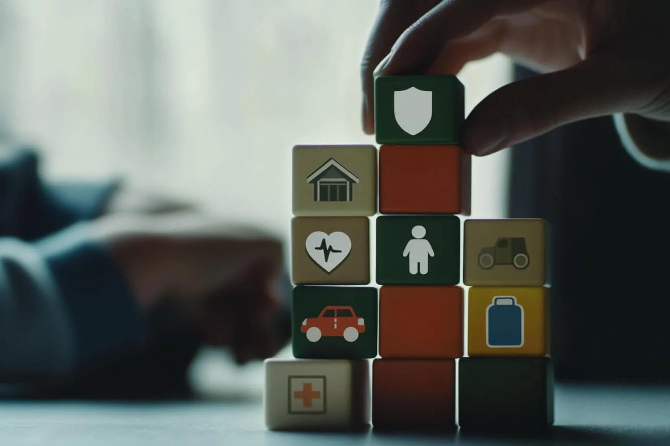 Mână care aranjează cuburi colorate cu iconițe reprezentând tipuri de asigurări