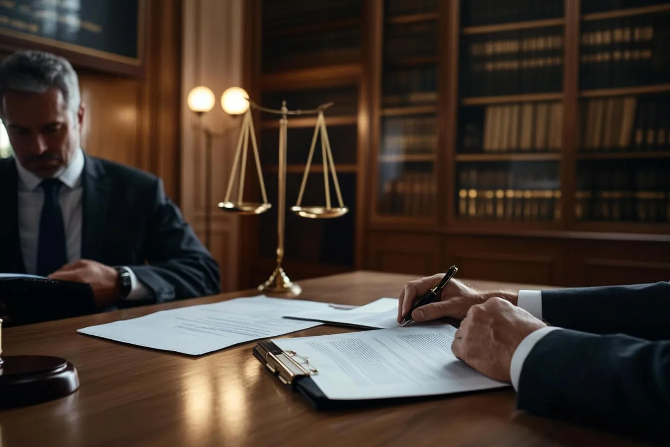 Doi avocați la birou cu balanța justiției și cărți de drept în fundal