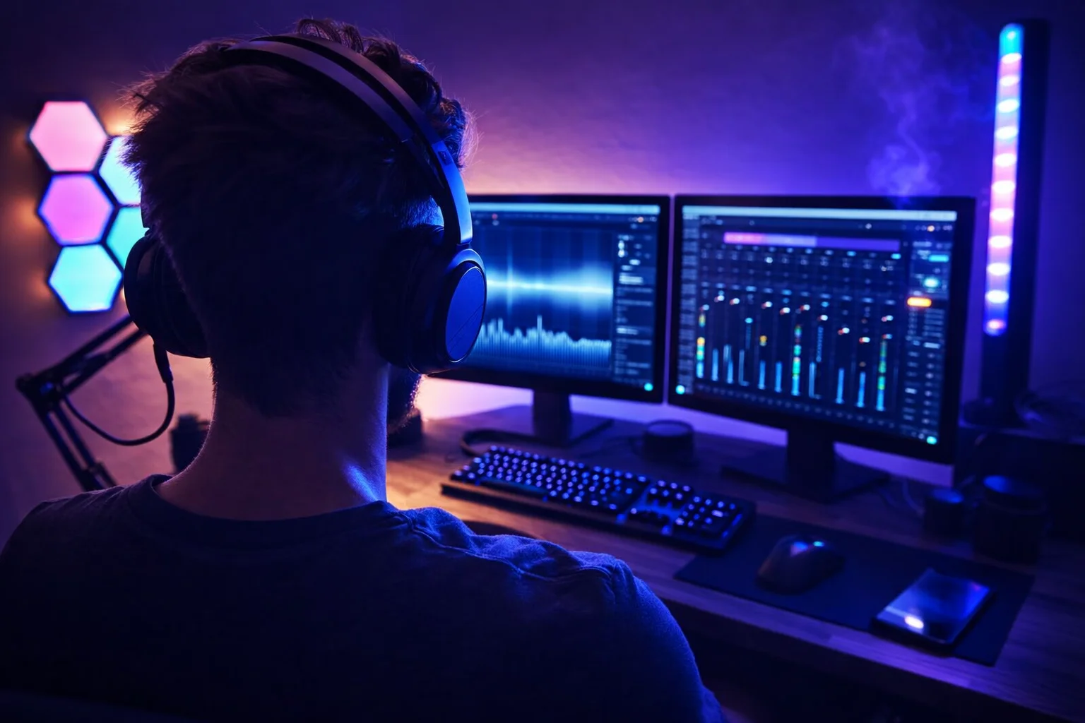 Bărbat cu căști la un setup cu două monitoare într-o cameră cu lumini neon