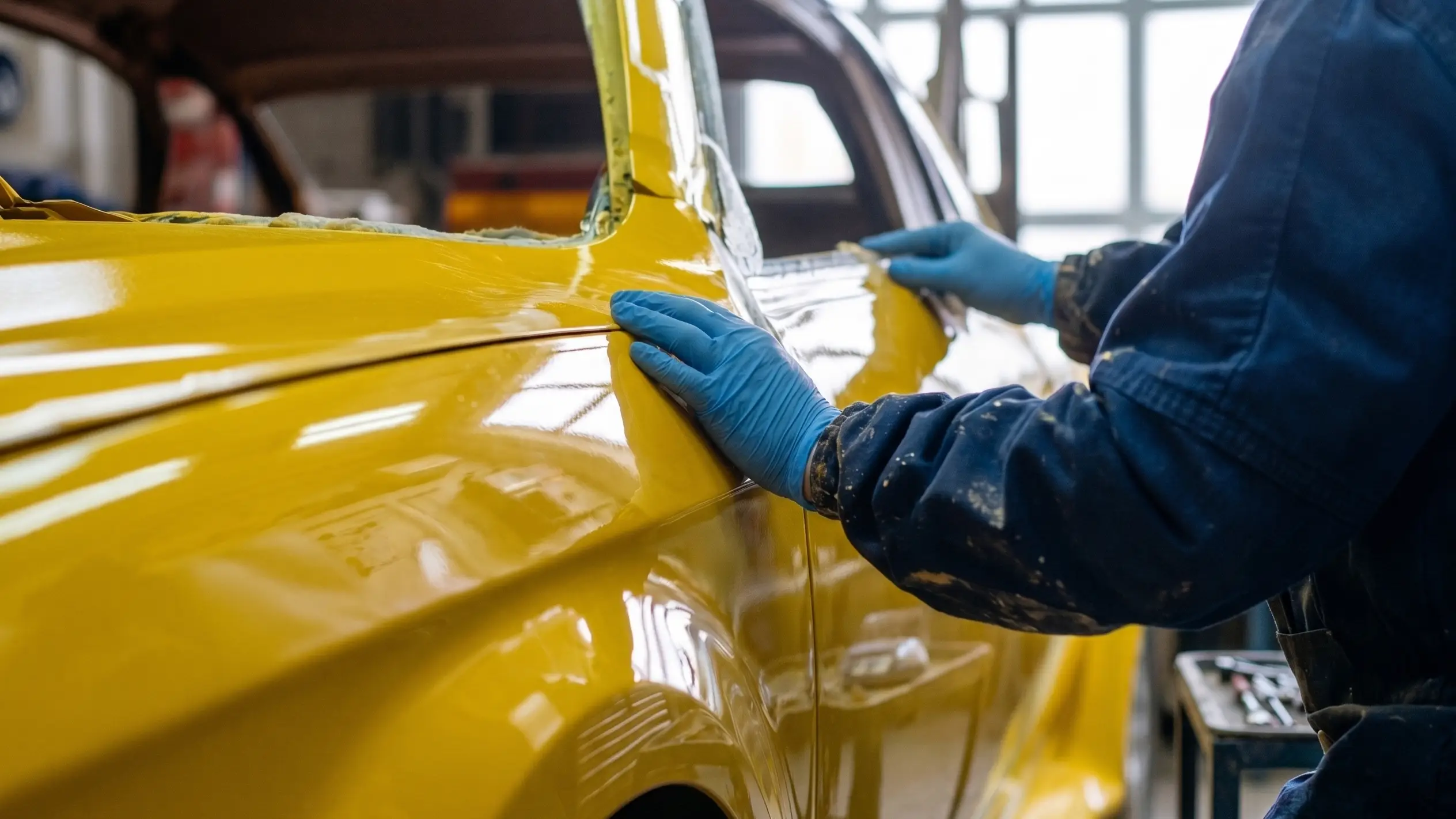 Bărbat inspectând mașina după vopsirea acesteia cu galben