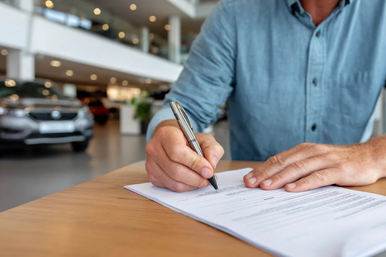 Barbat semneaza documente intr-un showroom auto