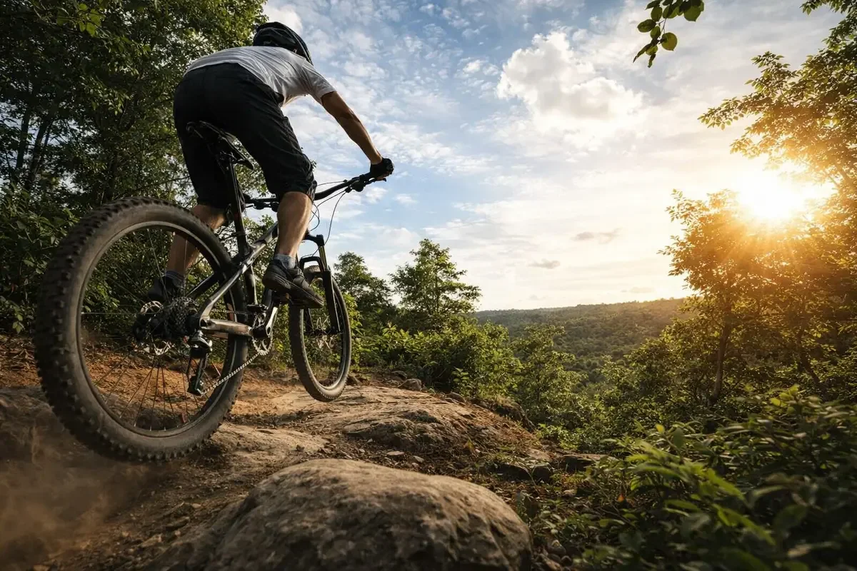 Biciclist montan pe stânci la apus de soare în pădure