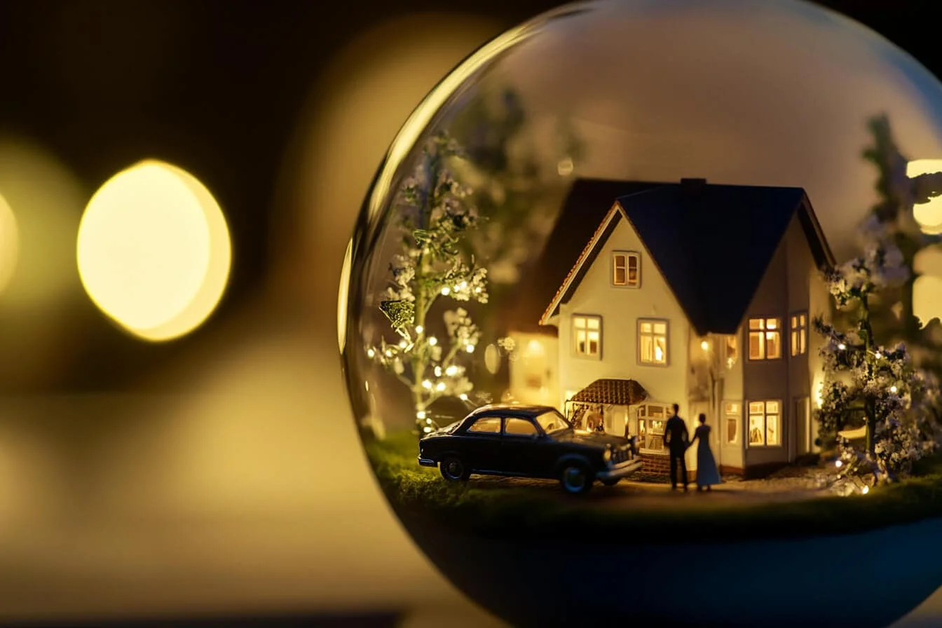 Bilă de cristal cu o casă în miniatură luminată și un cuplu în față