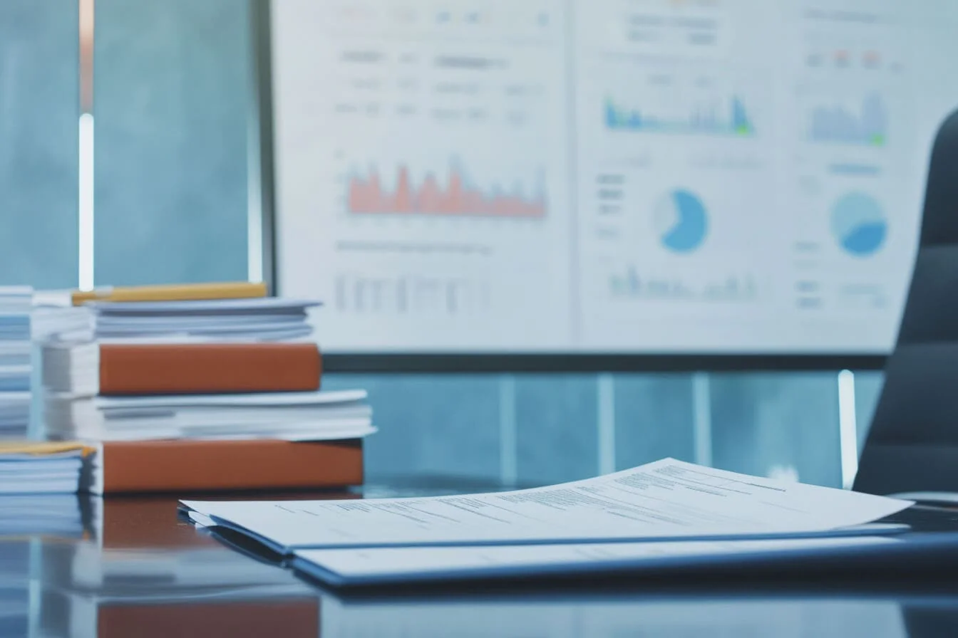 Birou cu documente și grafice afișate pe ecrane în sala de ședințe