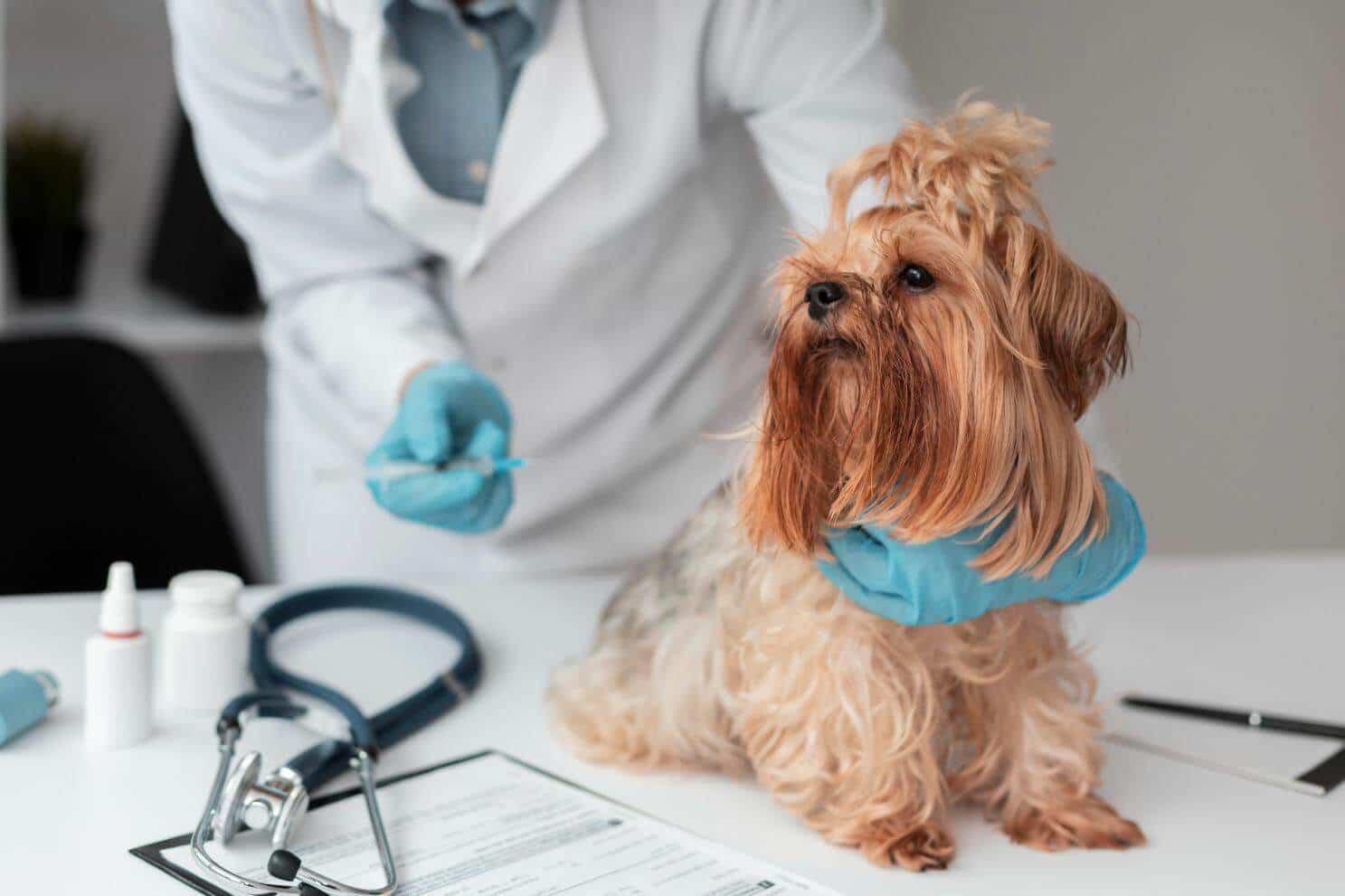 Caine mic maro sta pe masa de consultatie in timp ce veterinarul pregateste o injectie