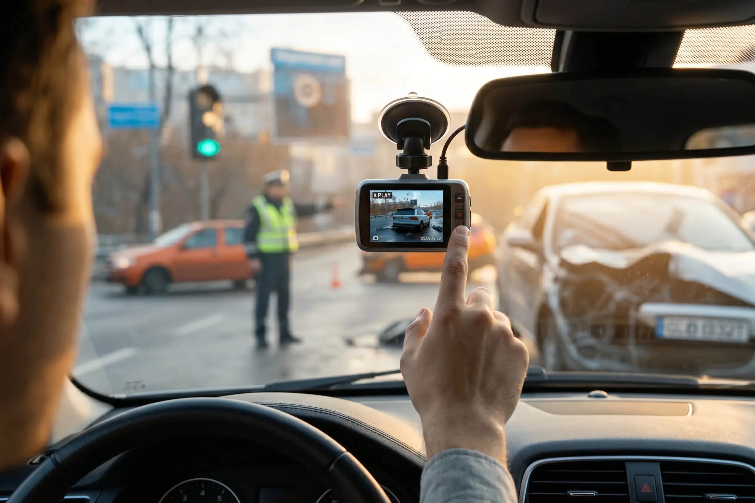 Șofer verificând înregistrarea camerei de bord la locul unui accident rutier