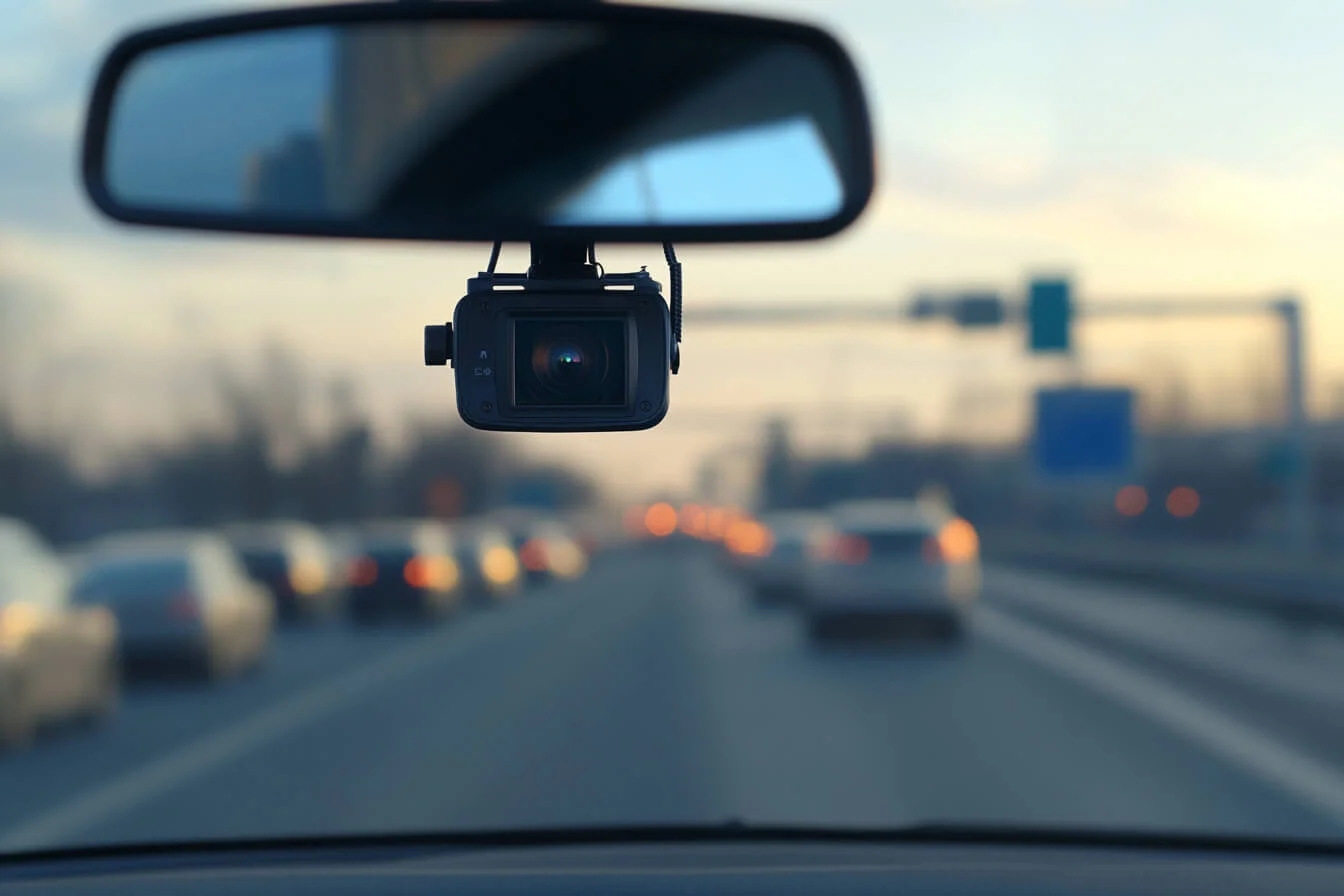 Cameră de bord montată pe oglinda retrovizoare a mașinii în trafic