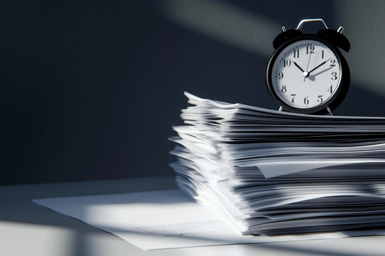 Ceas deșteptător așezat pe un teanc de documente în lumină dramatică