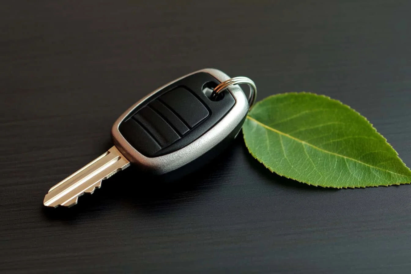 Cheie auto asezata pe o suprafata inchisa la culoare alaturi de un breloc cu o frunza verde