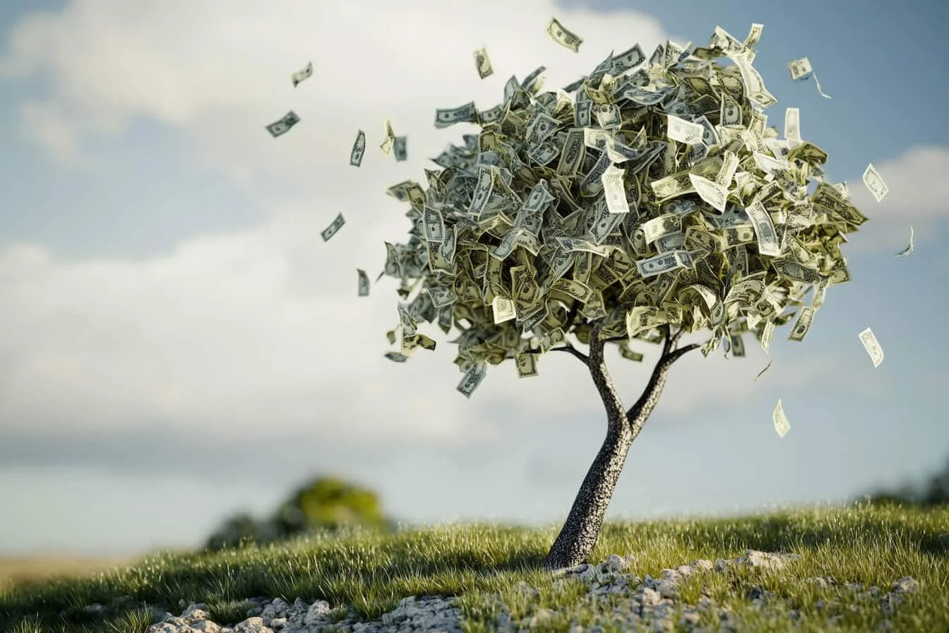 Copac cu frunze din bancnote de dolari fluturând în vânt pe un câmp verde