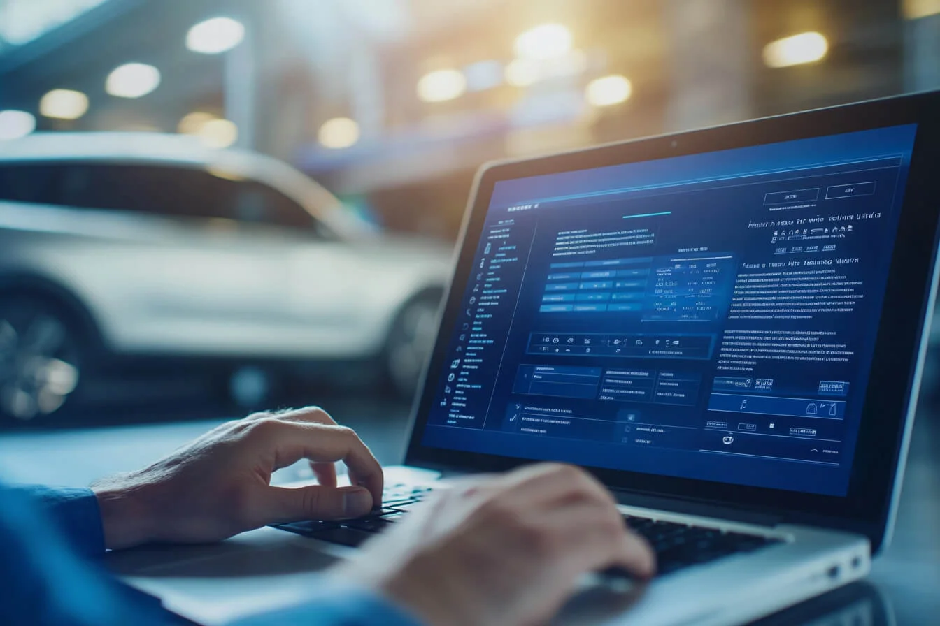 Cumpărător verificând istoricul mașinii prin RAR Auto-Pass de pe laptop