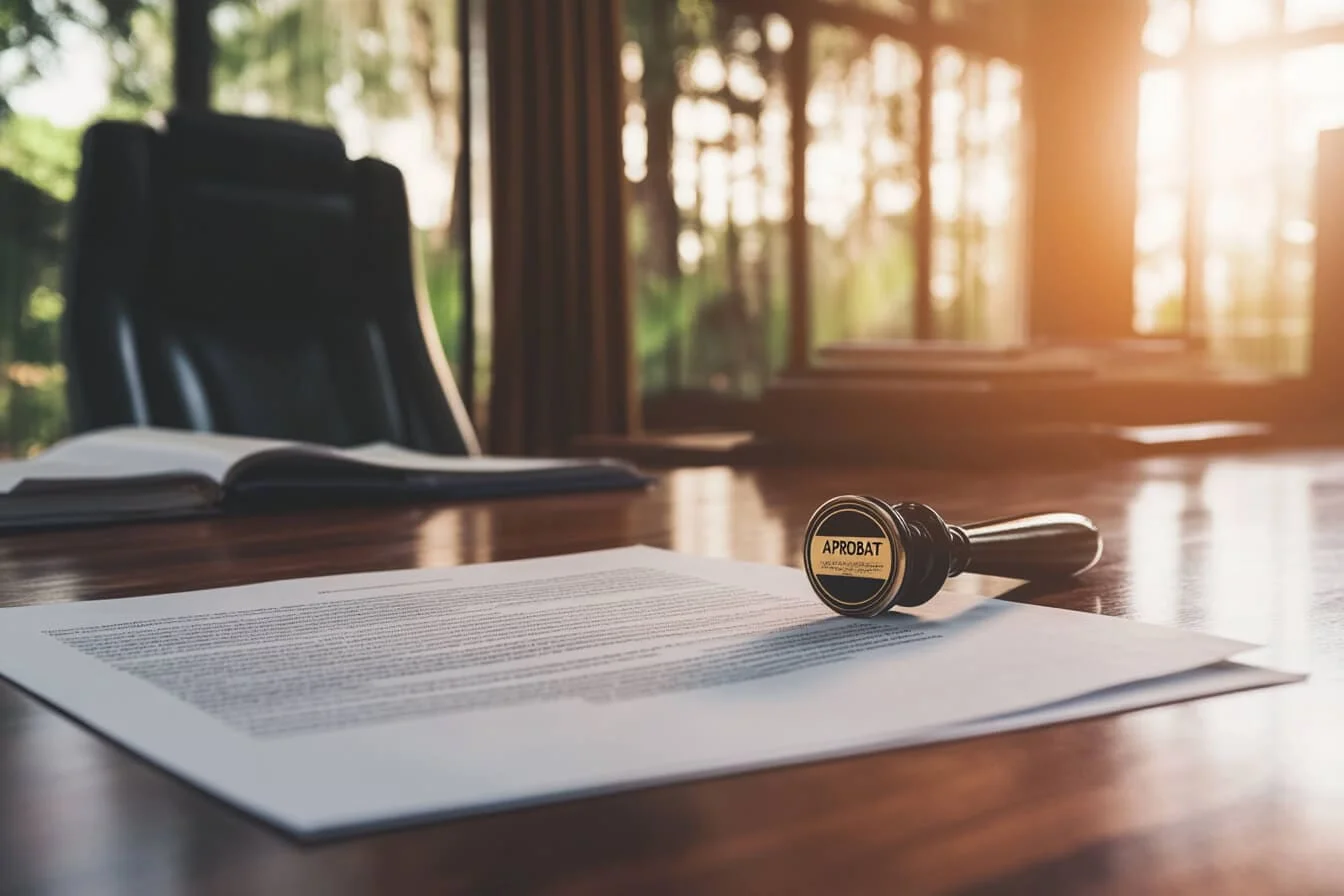 Ștampilă APROBAT pe documente juridice pe un birou