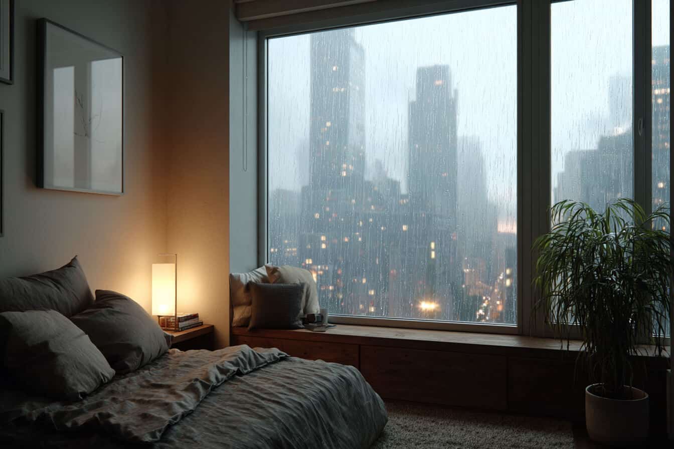 Dormitor modern, lumina calda, ploaie vizibila pe fereastra
