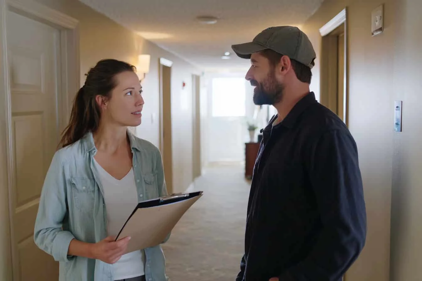 Doua persoane discuta intr-un hol de bloc, una tinand un clipboard in mana