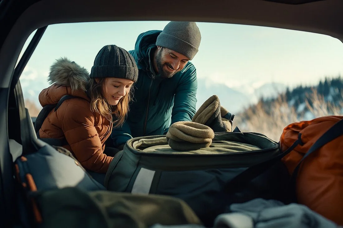 O familie aranjand bagaje in masina