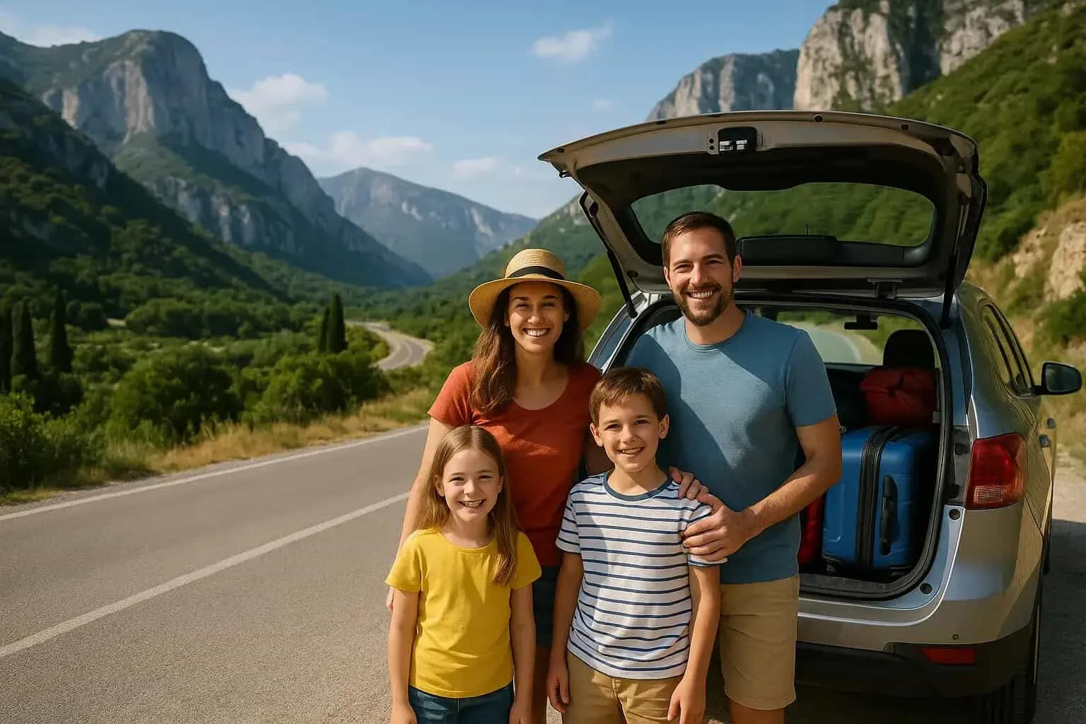 Familie zambitoare langa o masina cu portbagaj deschis pe un drum de munte