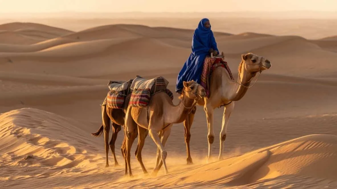 Femeie in albastru calarind printre dune aurii alaturi de camile