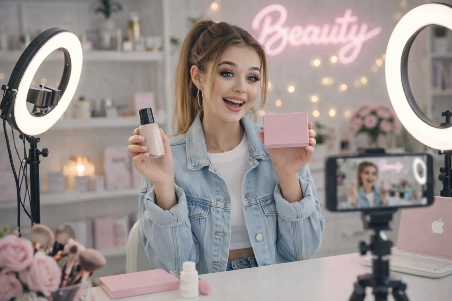 Femeie influencer filmând un tutorial de machiaj cu lumini ring și smartphone