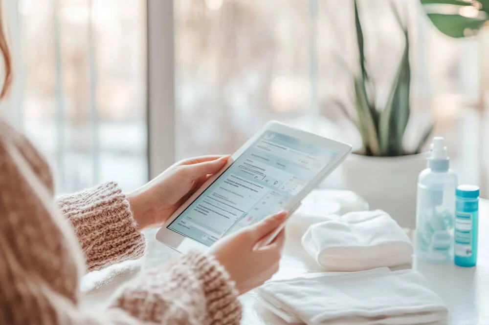 Femeie uitandu-se pe tableta