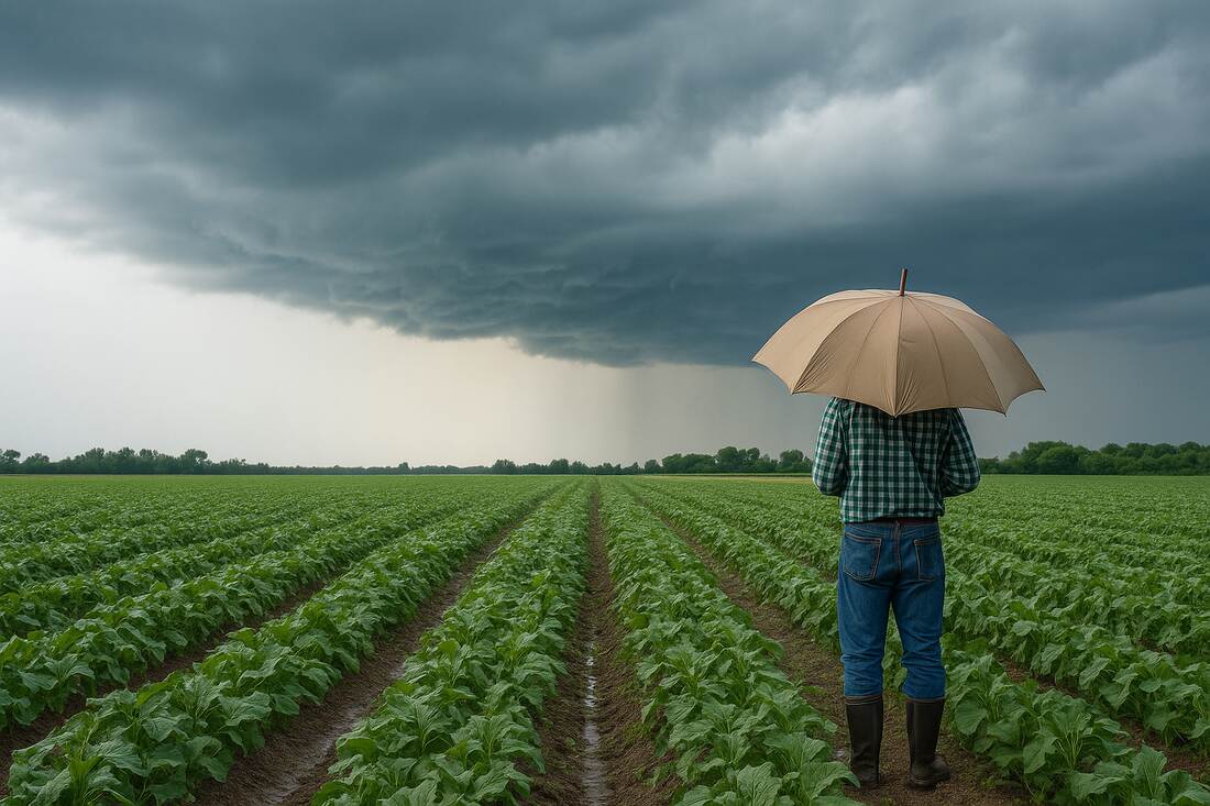 Fermier cu umbrela pe camp