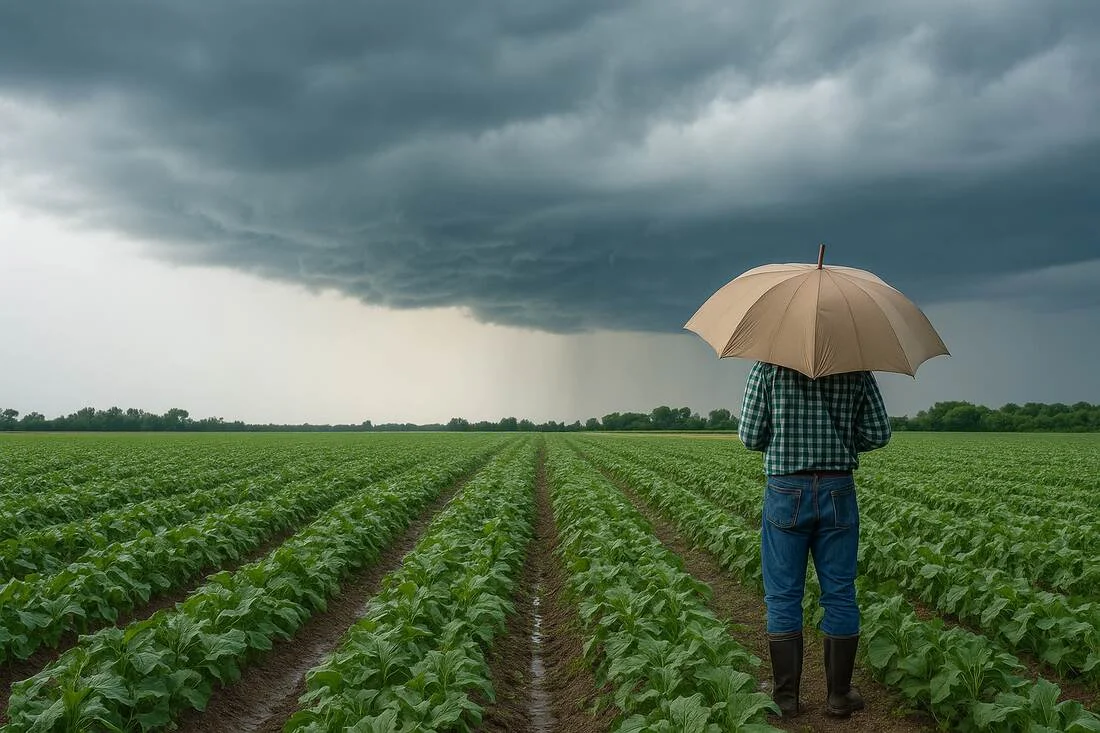 Fermier cu umbrela pe camp