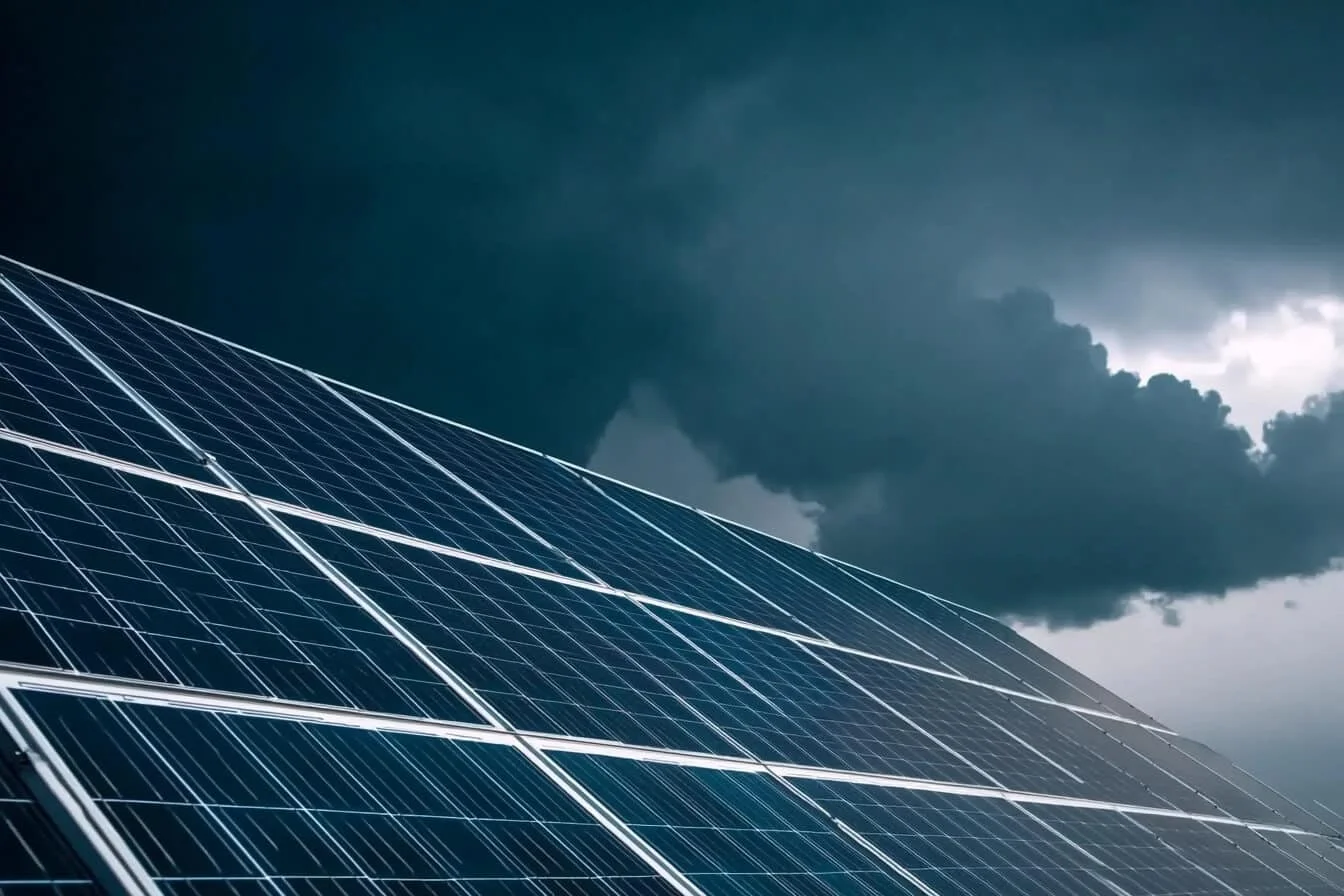 Panouri solare sub un cer întunecat cu nori de furtună