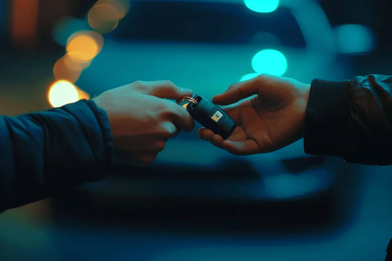 Fostul proprietar dand cheile masinii noului proprietar