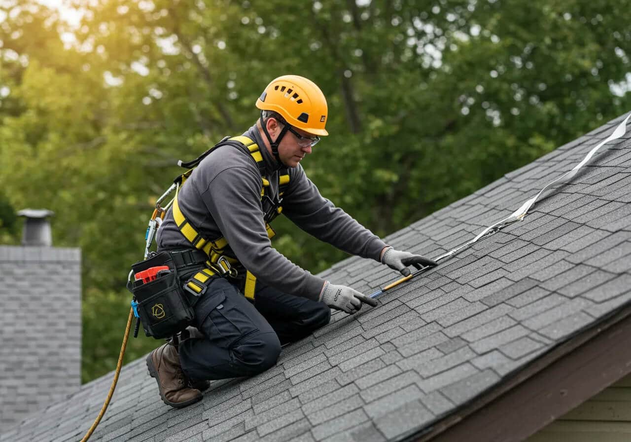 Barbat efectuand o inspectie a acoperisului unei cladiri