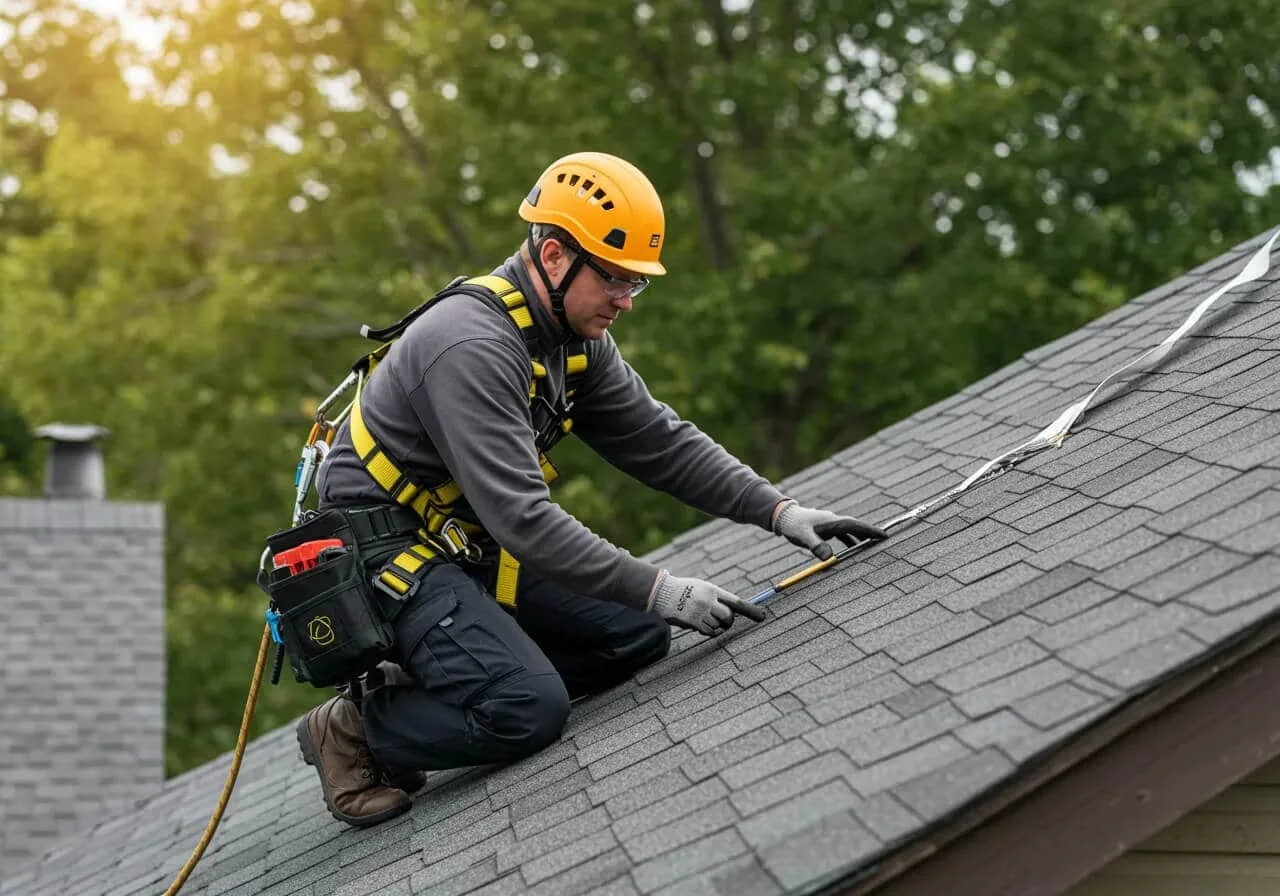 Barbat efectuand o inspectie a acoperisului unei cladiri