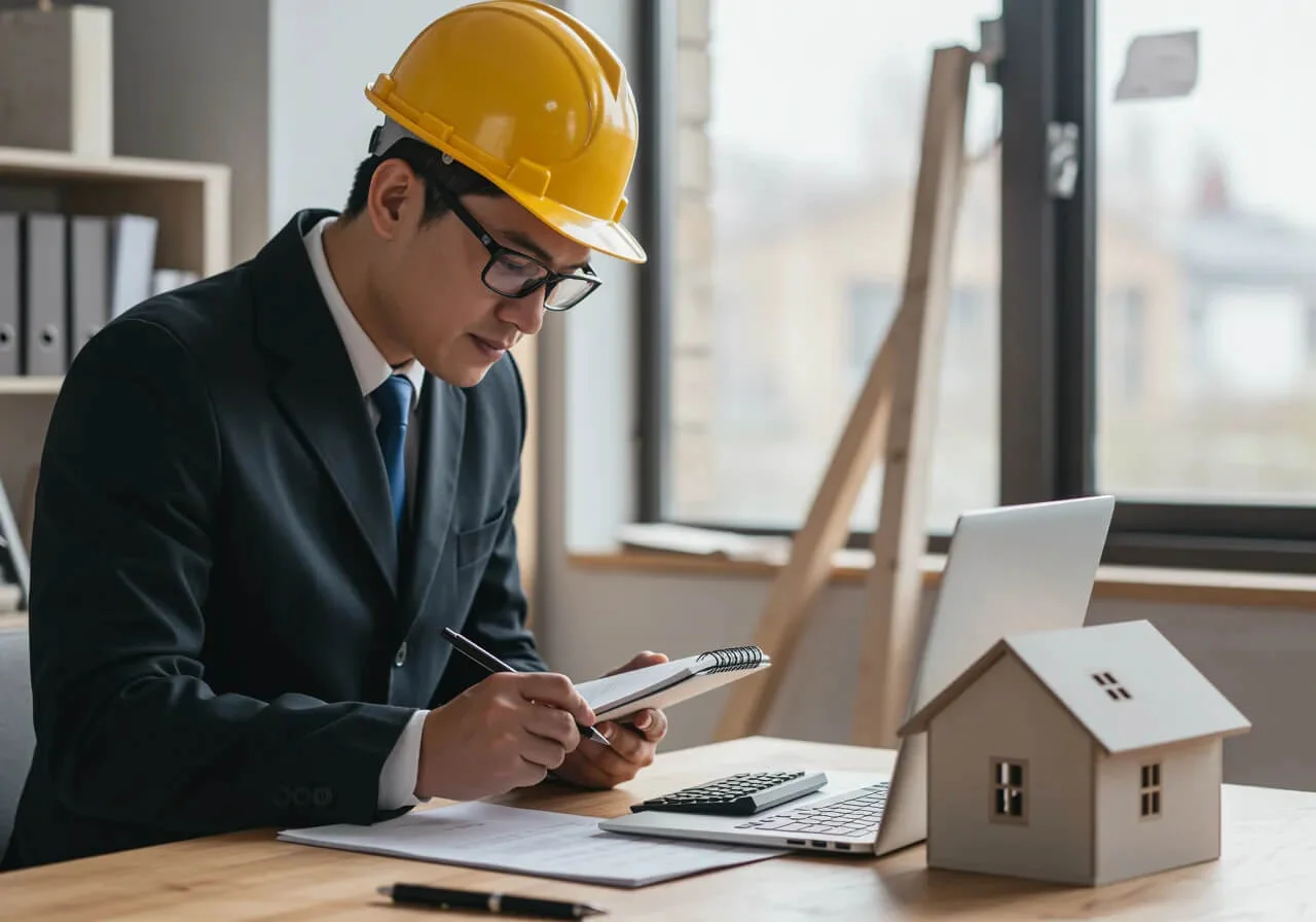 Un inspector de risc imbracat elegant intr un costum si purtand o casca de protectie galbena care ia notite pe un carnetel