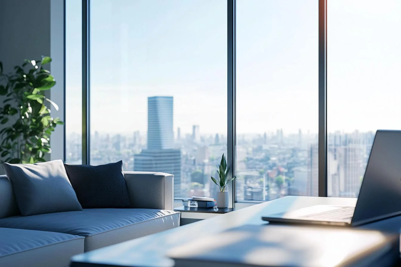 Interior modern de apartament cu canapea și fereastră panoramică cu vedere spre oraș