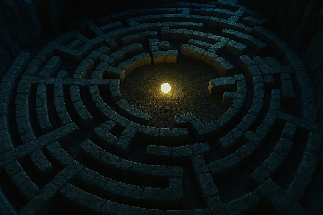 Labirint intunecat cu lumina in mijloc