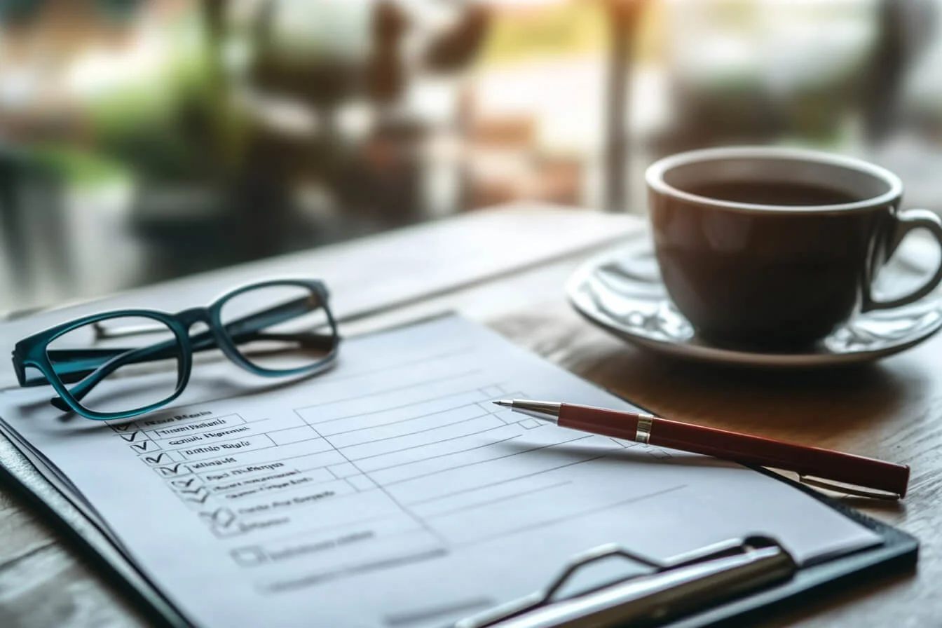 Clipboard cu lista de verificare, ochelari și stilou alături de o cană de cafea